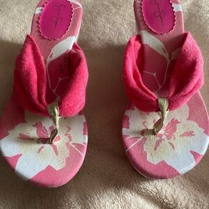 Jessica Simpson Pink and Gold Sandals with Floral Design